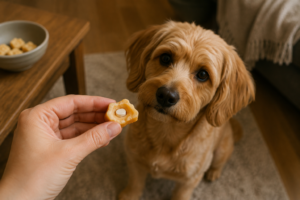 the daily medicine negotiation — hand offering a treat with a hidden pill to a curious dog
