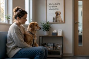 the small rituals of taking care of a pet — owner and dog waiting calmly in a vet's waiting room