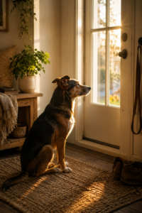 a pet changes how you notice time — dog waiting by the door as evening light moves across the floor