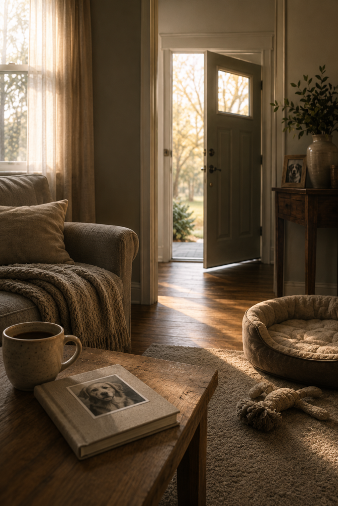 silence after a pet is gone — an empty dog bed in a quiet, sunlit living room