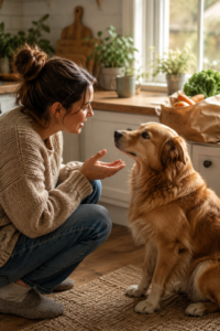 talking to your pet like they understand — woman crouching to talk with her golden retriever in the kitchen