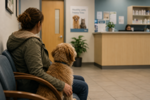 the routine vet visit — dog sitting close to its owner in a calm veterinary waiting room