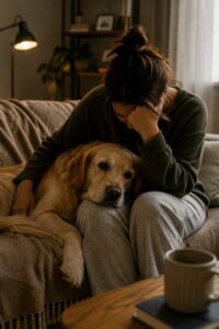 a change in your mood — dog resting its head gently on owner's lap during a quiet moment