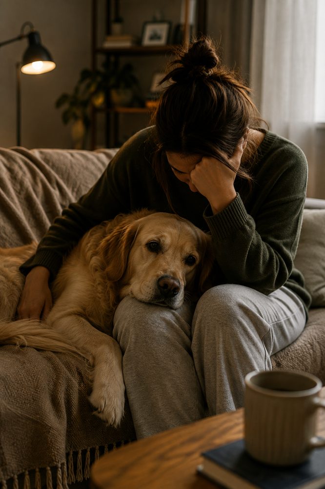 a change in your mood — dog resting its head gently on owner's lap during a quiet moment