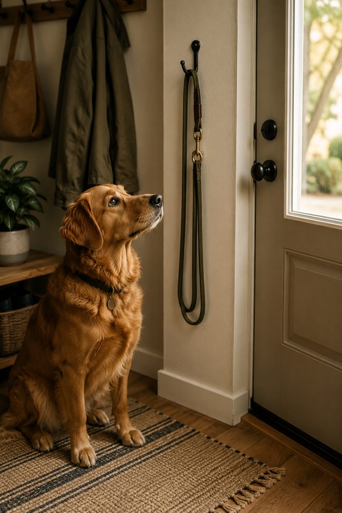 a walk is coming — dog sitting expectantly beside the leash hook by the door