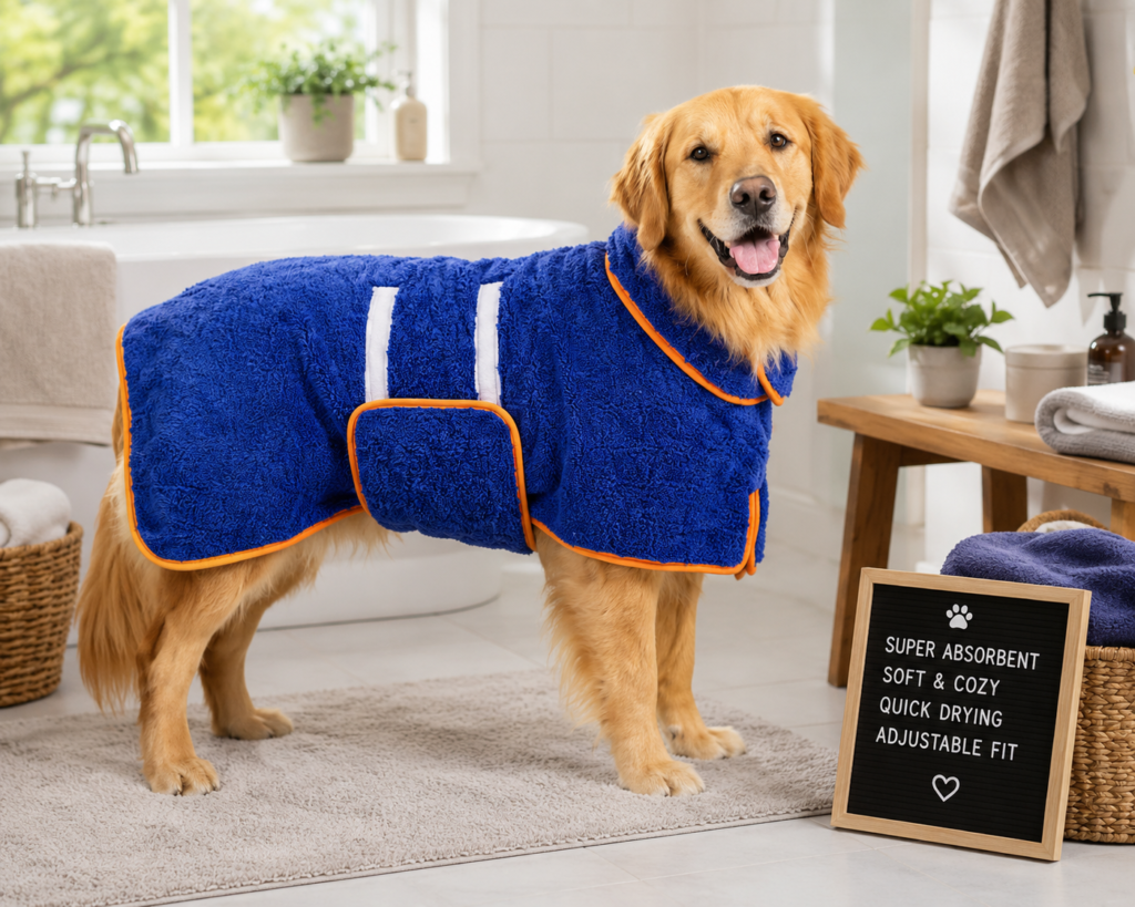 Golden Retriever wearing a super absorbent blue dog bathrobe in a cozy bathroom setting