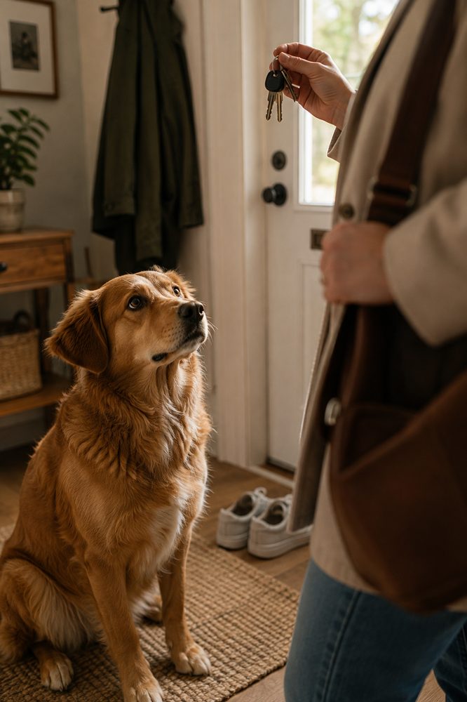 know when you're about to leave — dog watching intently as owner picks up keys by the door
