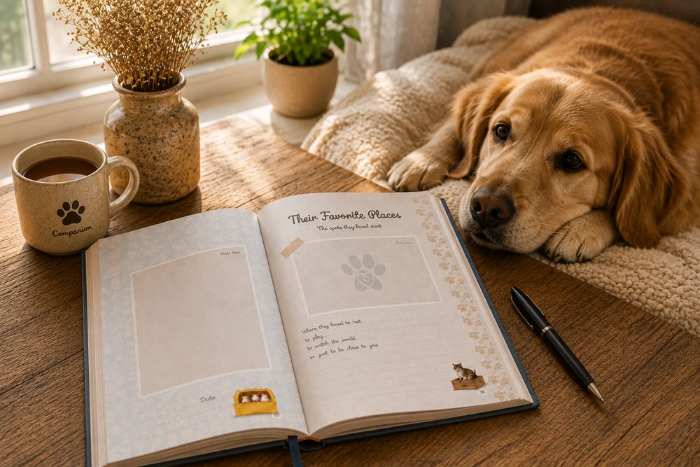 the small rituals of care — open pet journal with handwritten notes beside a resting dog
