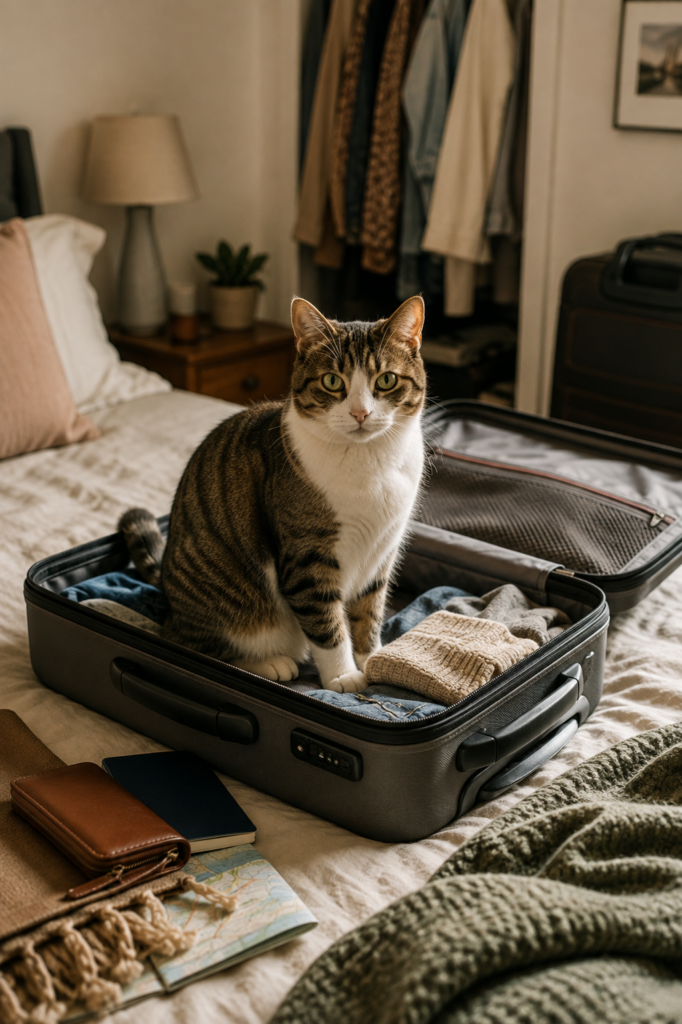 the suitcase means — cat sitting protectively on top of an open suitcase
