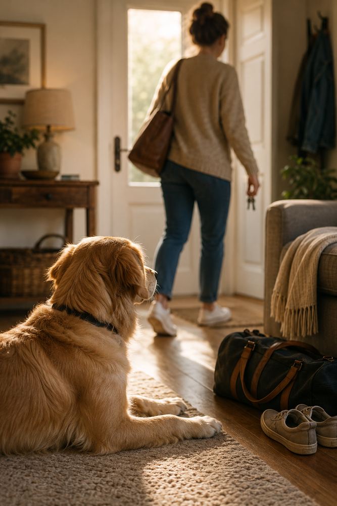 Dog watching owner closely, seeming to know what's about to happen