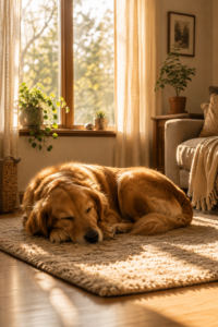 watching your pet do nothing — dog sleeping peacefully in a patch of afternoon sunlight