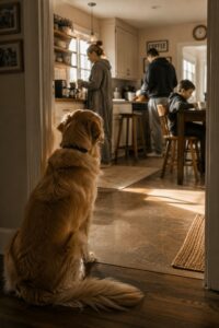 your family's smaller rituals — dog observing quietly from the kitchen doorway during a morning routine