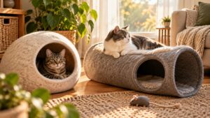 A cat in a wool felt cat cave beside a cat resting on top of a tunnel bed
