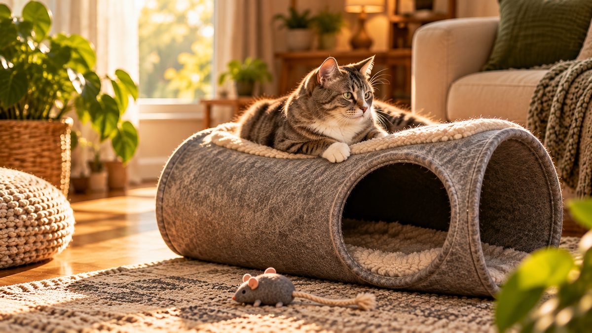 A cat lying on top of a grey tunnel bed beside the hidden opening underneath