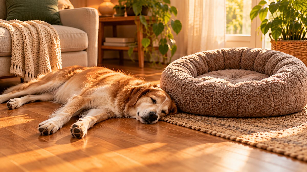 A dog sprawled on the floor next to an empty donut dog bed