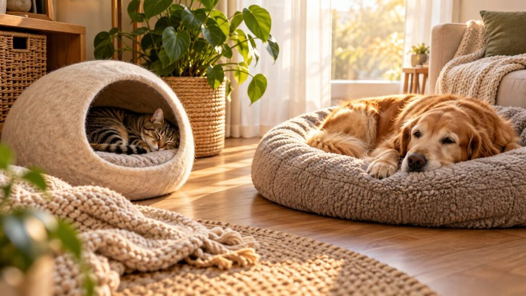 A cat sleeping in a felt cat cave and a dog resting on a donut bed in a quiet living room