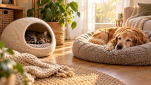 A cat sleeping in a felt cat cave and a dog resting on a donut bed in a quiet living room