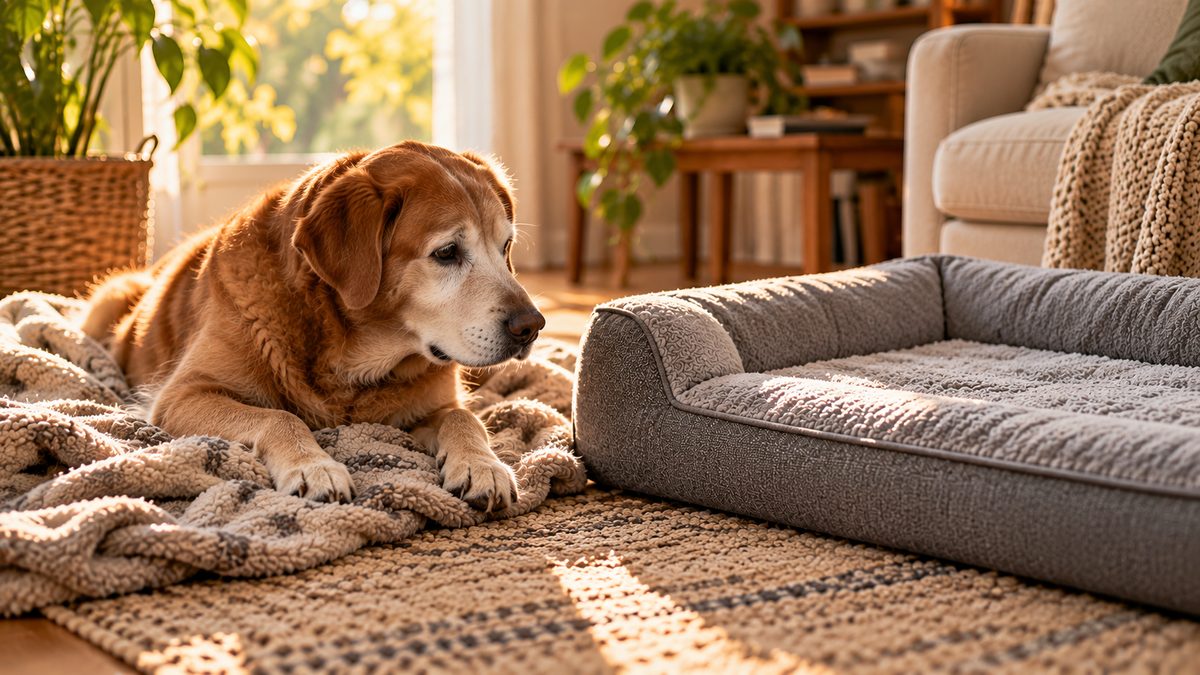 An older dog lying on a blanket next to a new orthopedic dog bed