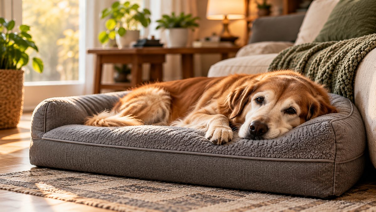 An older dog resting on an orthopedic dog bed beside the sofa