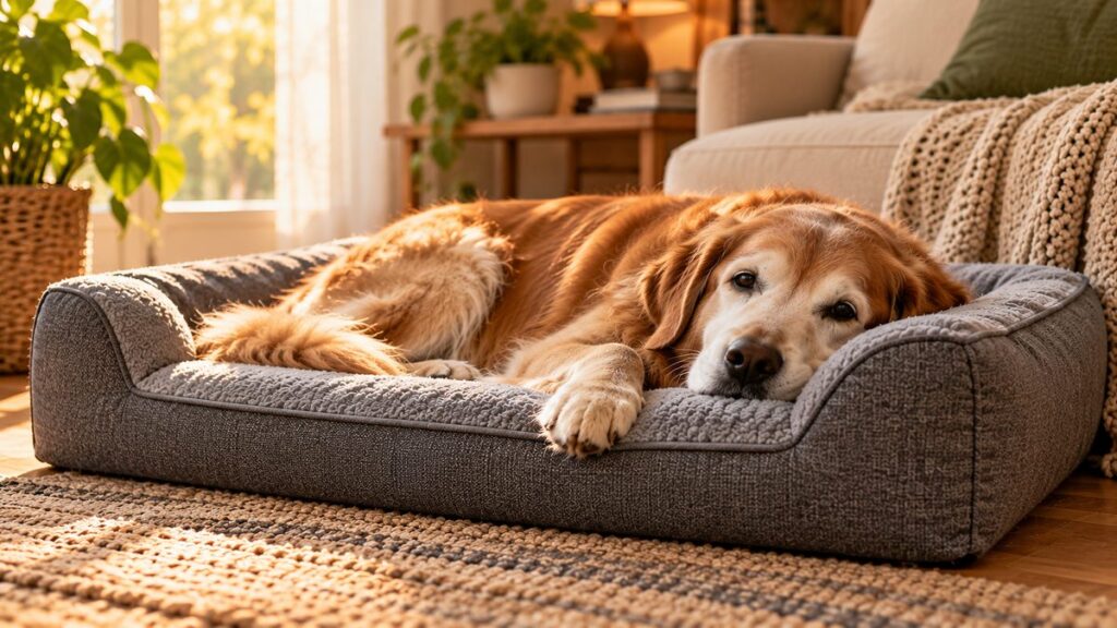 A senior golden retriever resting on a grey orthopedic dog bed beside the sofa