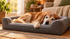 A senior golden retriever resting on a grey orthopedic dog bed beside the sofa