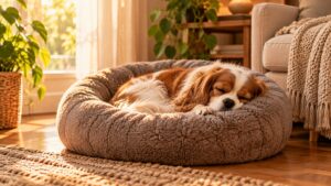 A small dog curled up asleep in a round donut dog bed